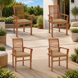 Outdoor Dining Chairs 4 pcs Teak Wood Stackable Garden Patio Seating Beige