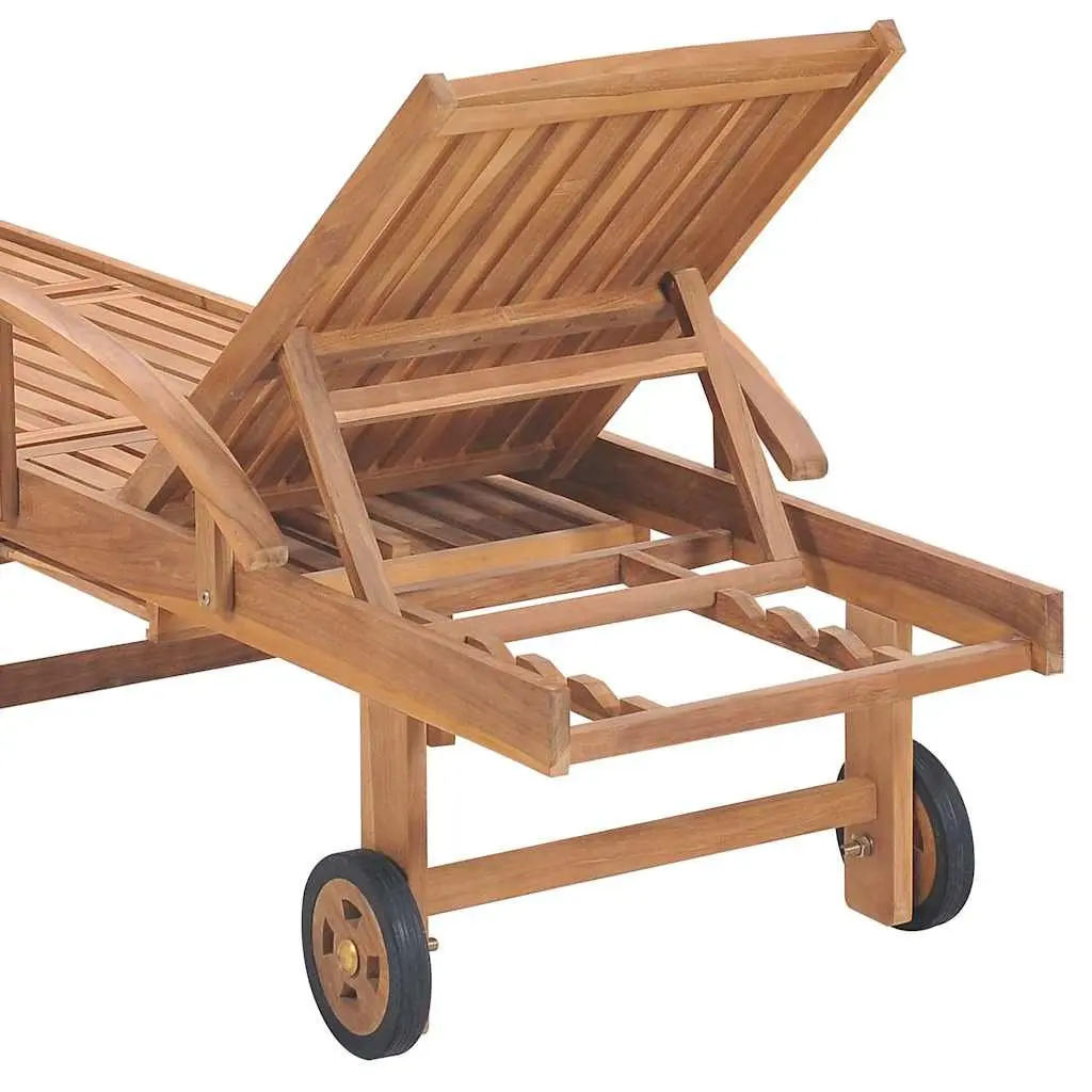 Sun Lounger Outdoor Daybed Teak Wood Slatted Design Adjustable Backrest Wheels