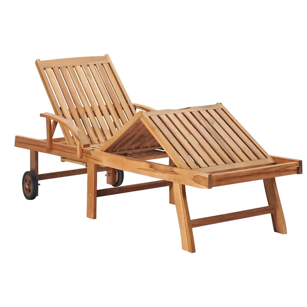 Sun Lounger Outdoor Daybed with Wheels Adjustable Backrest Grey Cushion Teak