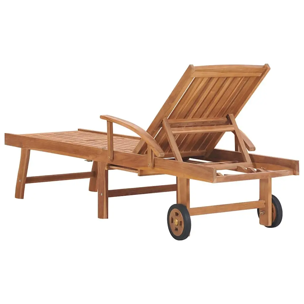 Sun Lounger Outdoor Daybed with Wheels Adjustable Backrest Grey Cushion Teak