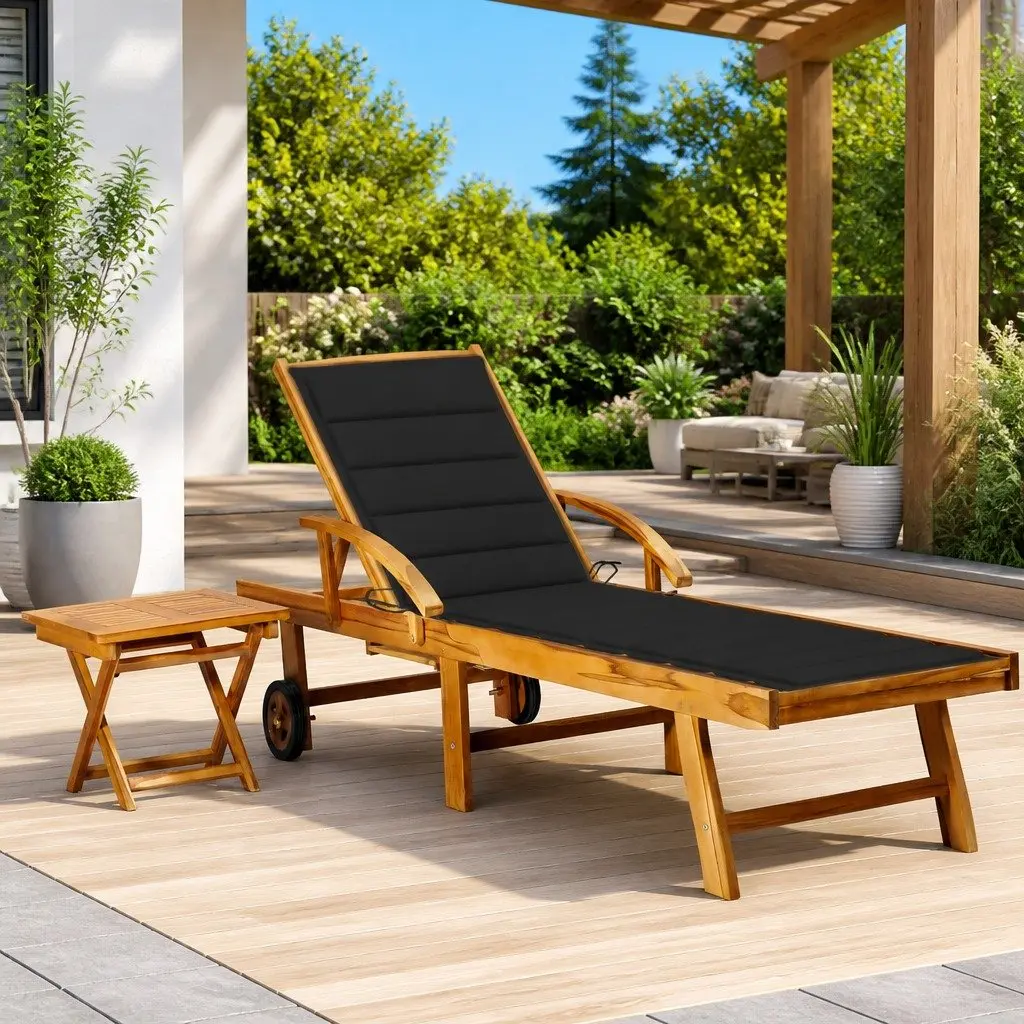 Sun Lounger with Side Table Adjustable Backrest 2 Wheels Outdoor Lounge Chair