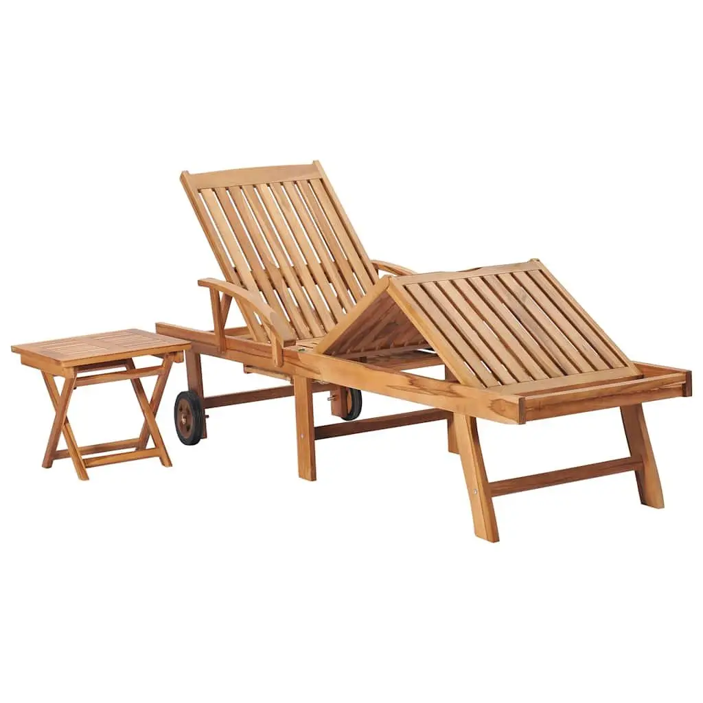 Sun Lounger with Side Table Adjustable Backrest 2 Wheels Outdoor Lounge Chair