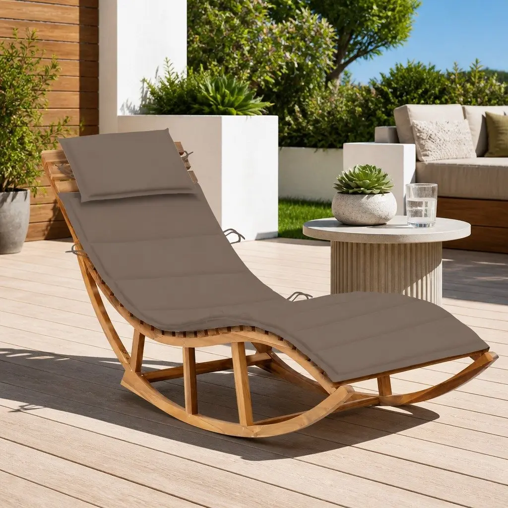 Wooden Rocking Sun Lounger Chair Taupe Teak Hardwood Outdoor Relaxation Seat