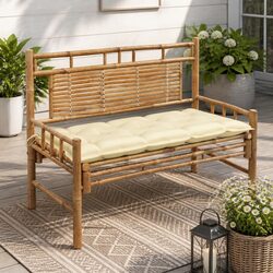 Bamboo Garden Bench with Backrest and Cream Cushion for Outdoor Use