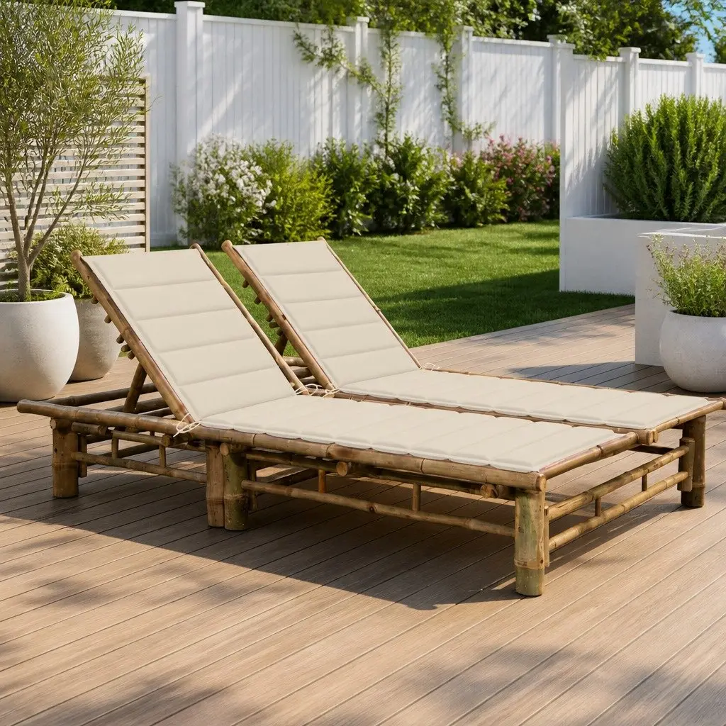 2-Person Sun Lounger Cream Bamboo Adjustable Recliner