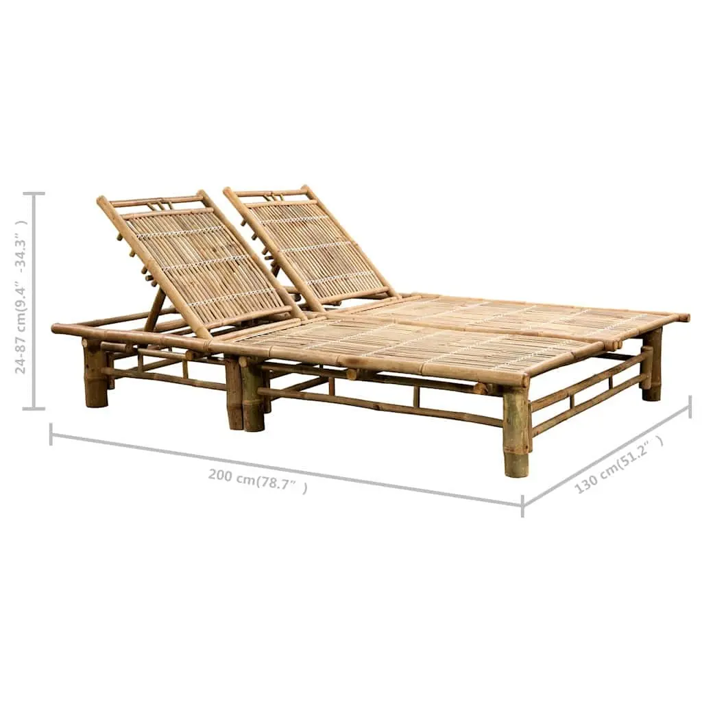2-Person Sun Lounger Cream Bamboo Adjustable Recliner