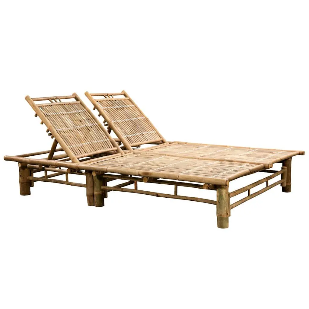 2-Person Sun Lounger Blue Bamboo Adjustable Reclining Lounger