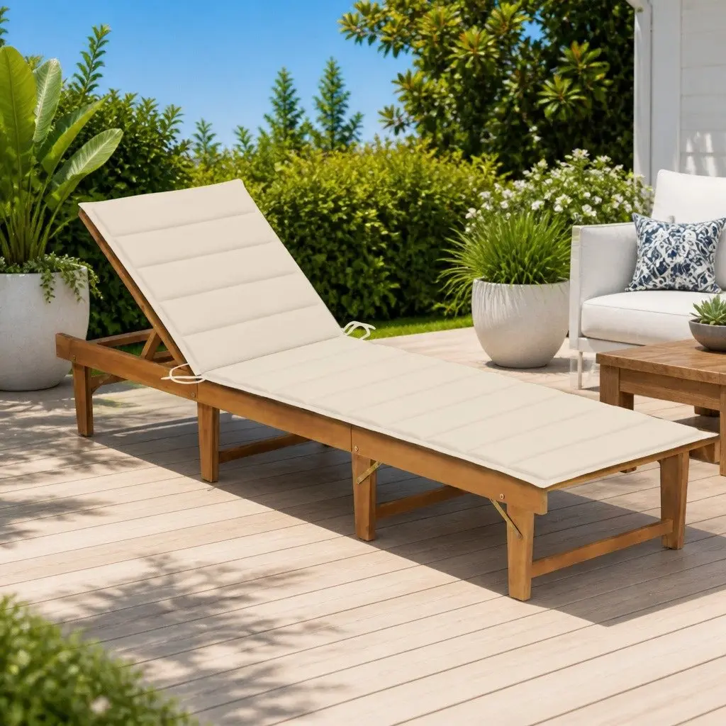 Folding Sun Lounger Cream Acacia Wood Adjustable Backrest with Cushion
