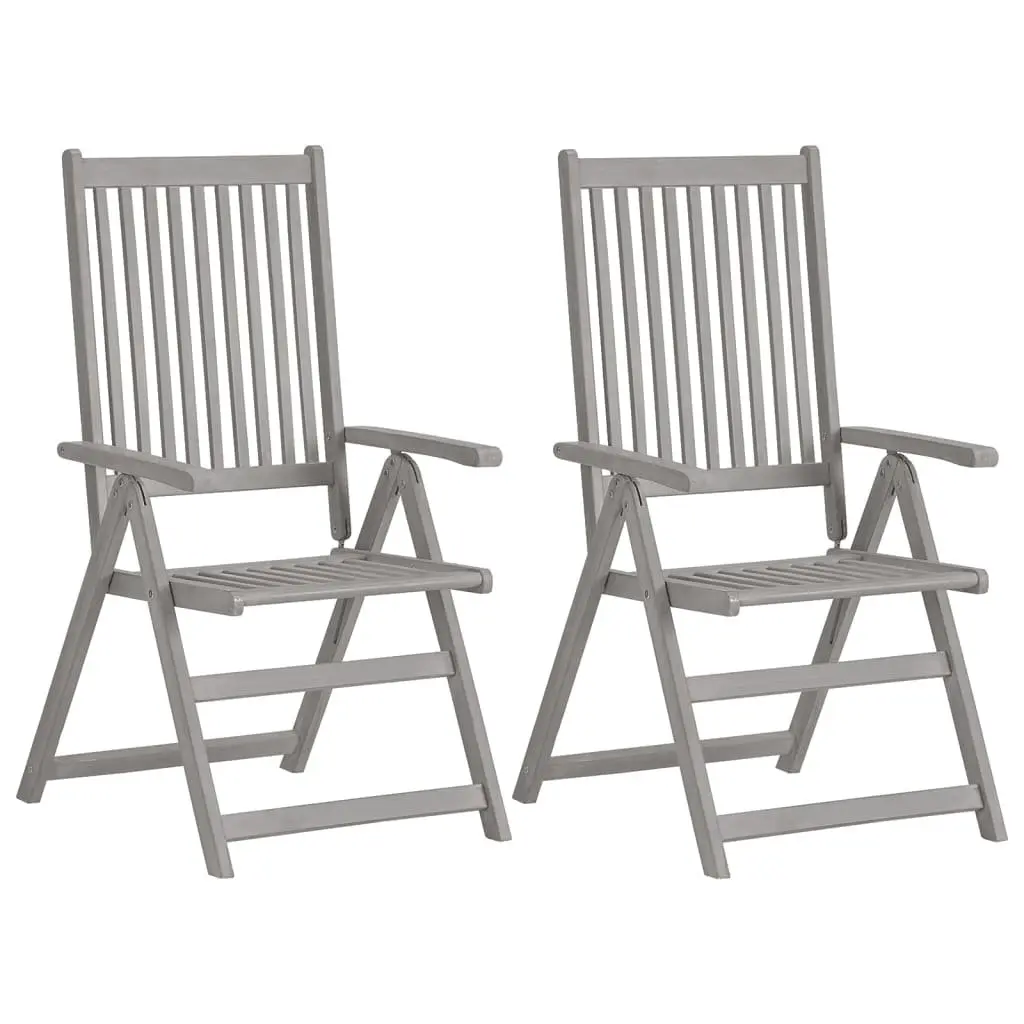 Outdoor Reclining Chairs Grey Wash Solid Wood 5 Position Adjustable Backrest 2 Piece Set with Cushions