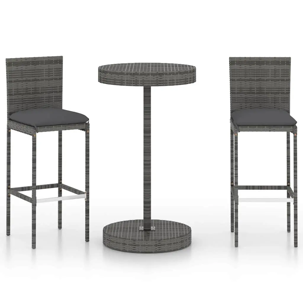3 Piece Garden Bar Set with Cushions Outdoor Poly Rattan Bar Table & Stools Grey