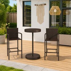 Garden Bar Set 3 Piece Outdoor Patio Brown Poly Rattan Stools Table Furniture