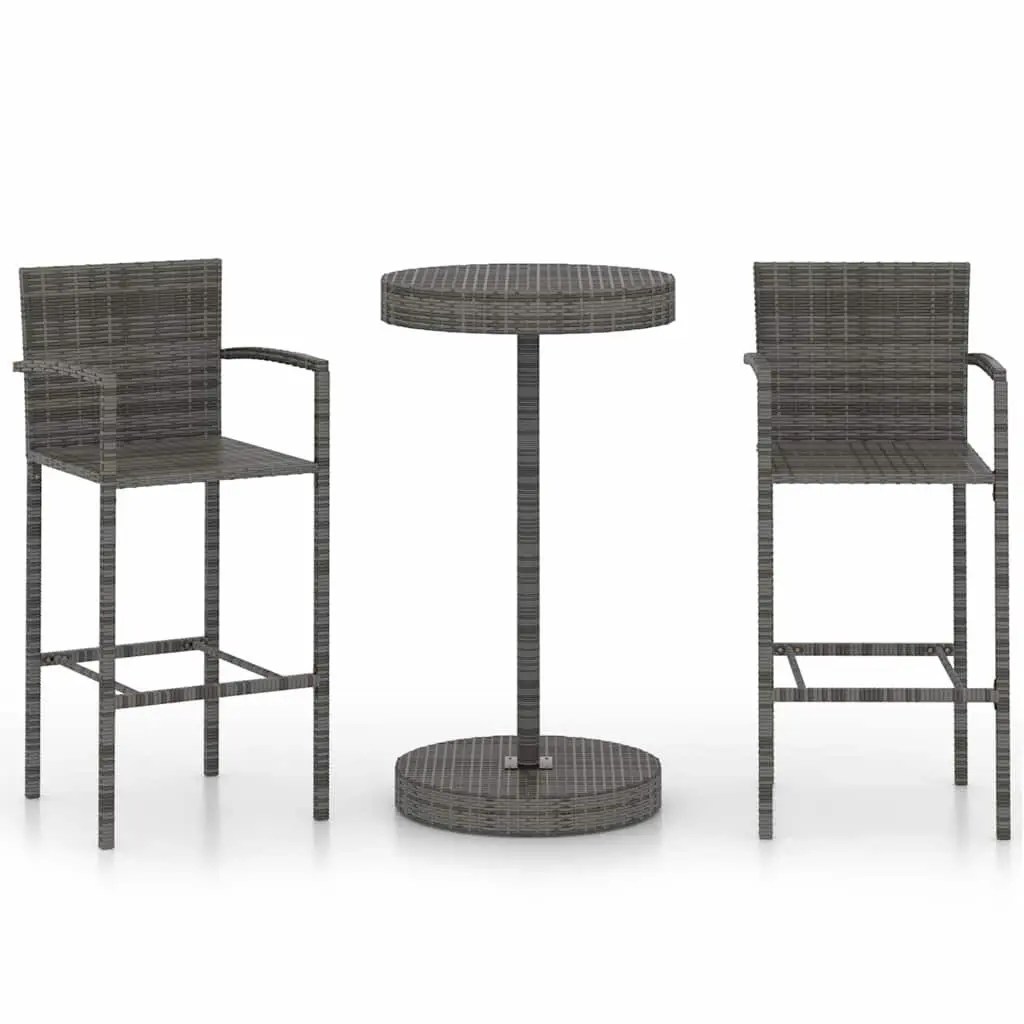 3 Piece Garden Bar Set Poly Rattan Outdoor Bar Table Stools Grey Patio Furniture
