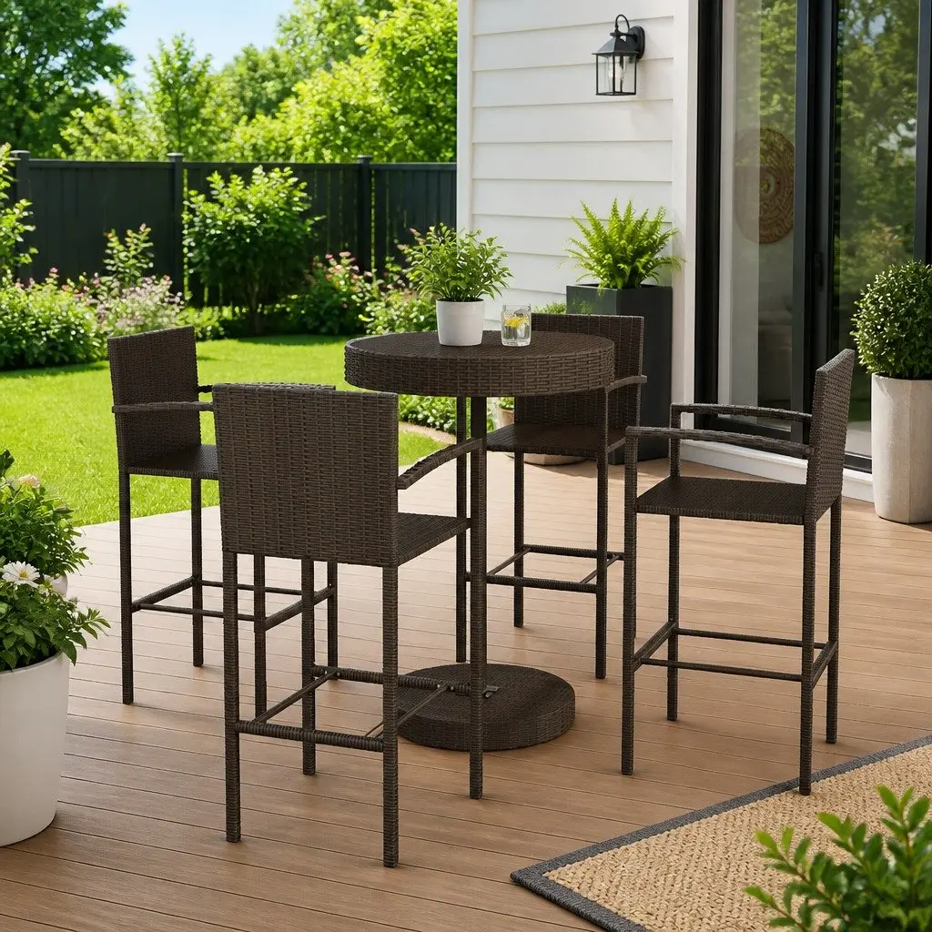 Garden Bar Set 5 Piece Poly Rattan Outdoor Bar Table and Stools Brown
