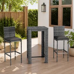 Outdoor Bar Set 3 Piece Garden Furniture Grey Poly Rattan Stools with Cushions