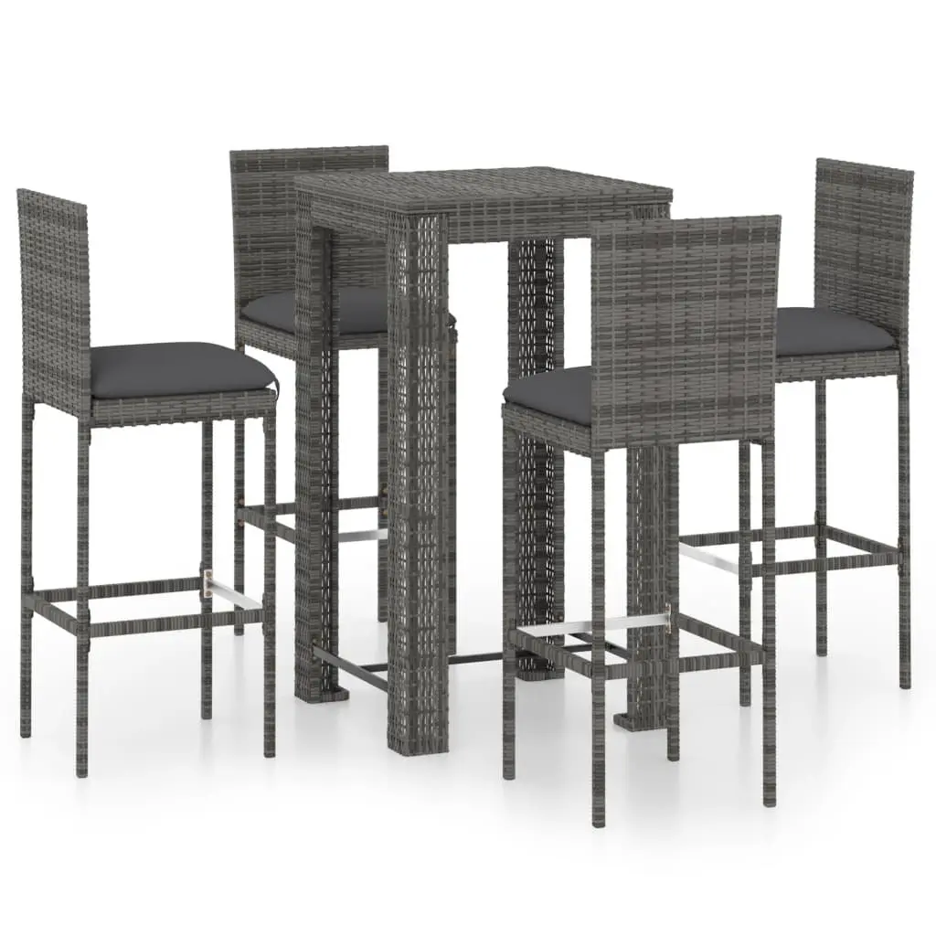 5 Piece Outdoor Bar Set Grey Poly Rattan Garden Bar Table Stools with Cushions