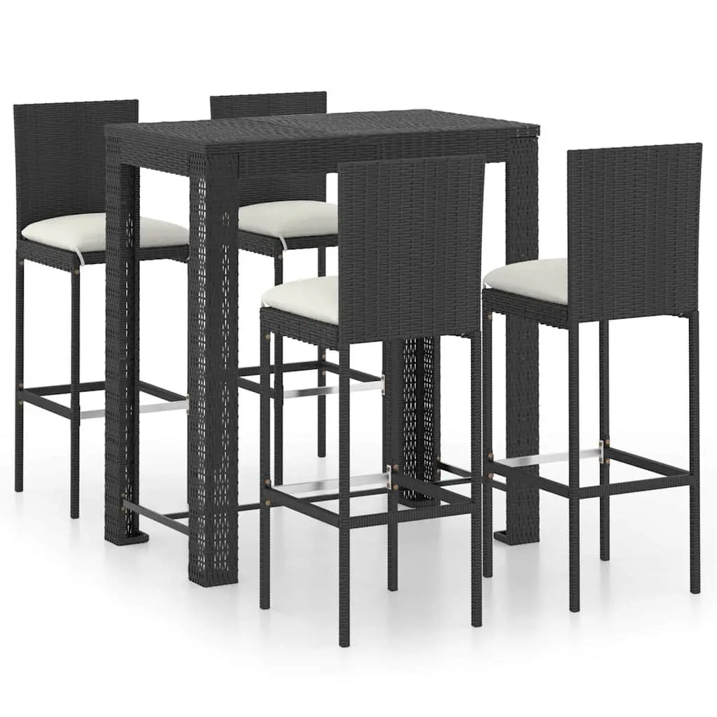 Outdoor Bar Set Black 5 Piece Poly Rattan Garden Bar Table Stools with Cushions