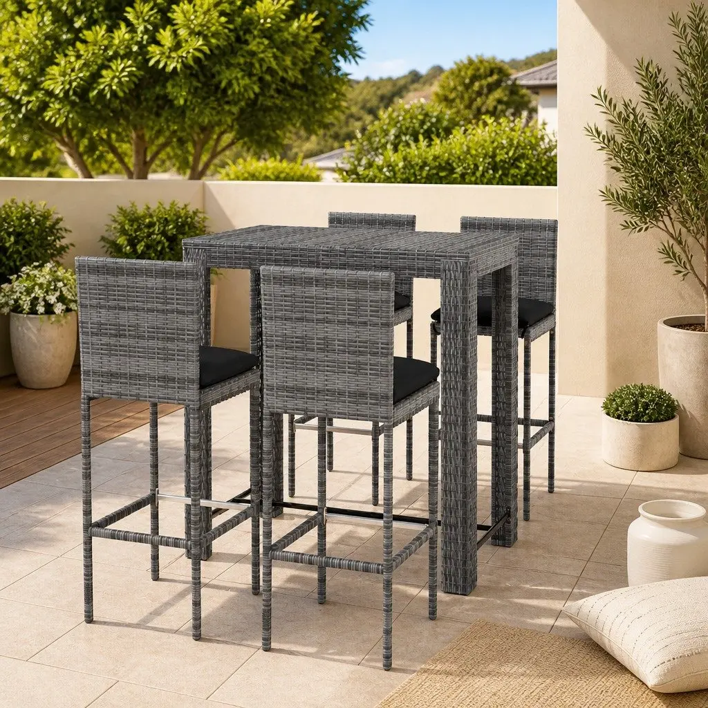 5 Piece Outdoor Bar Set Grey Poly Rattan Garden Bar Table & Stools with Cushions