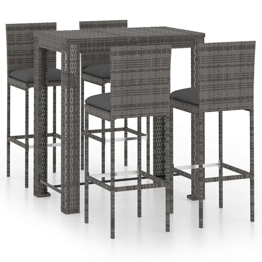 5 Piece Outdoor Bar Set Grey Poly Rattan Garden Bar Table & Stools with Cushions