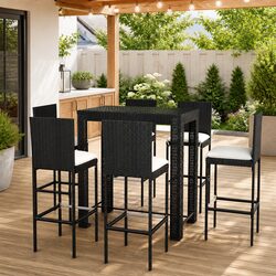 7 Piece Outdoor Bar Set with Cushions Black Poly Rattan Garden Furniture