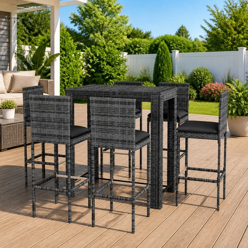 7 Piece Grey Poly Rattan Bar Set