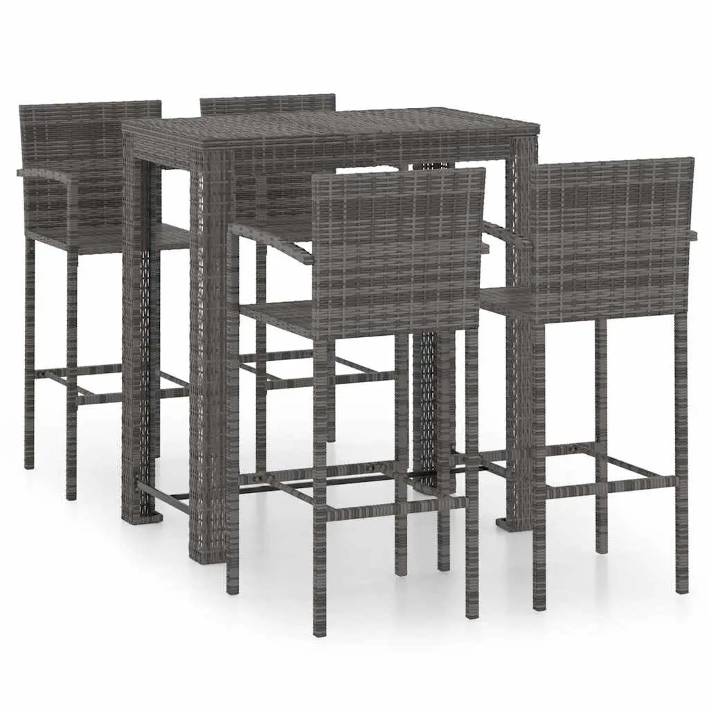 5 Piece Outdoor Bar Set Grey Poly Rattan Armrest Garden Bar Table Stools