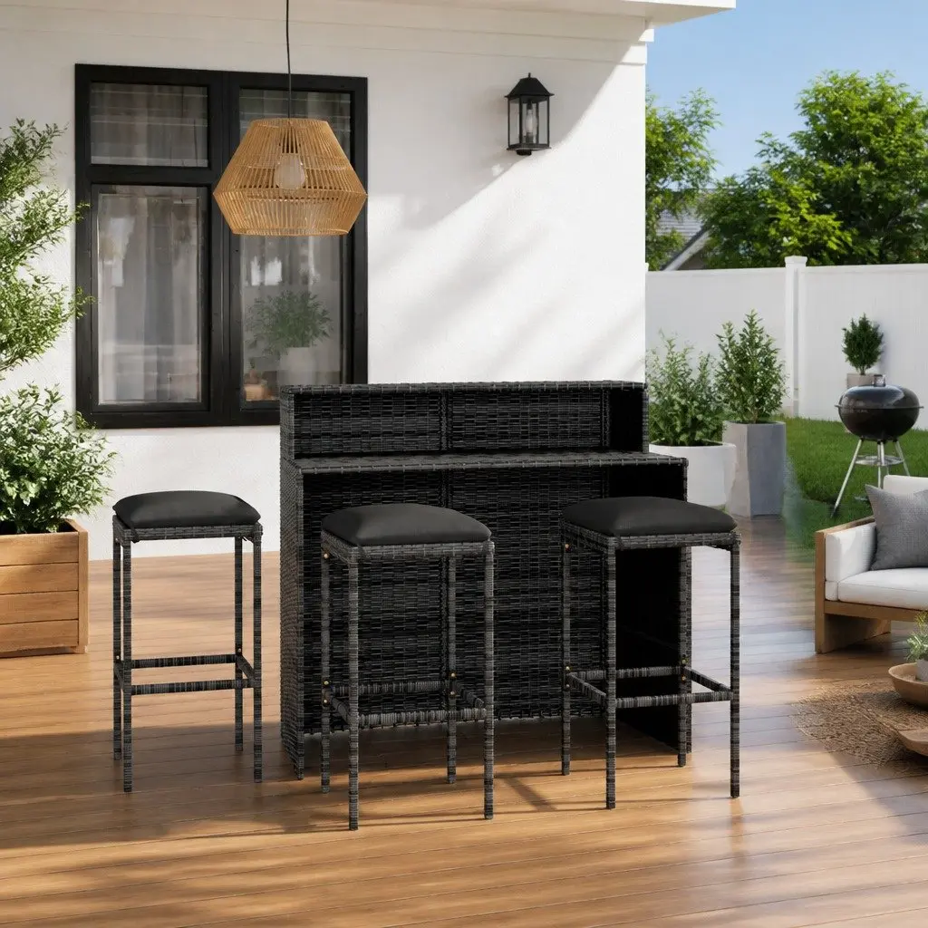 Garden Bar Set 4 Piece Outdoor Patio Furniture with Cushions Grey Rattan Stools