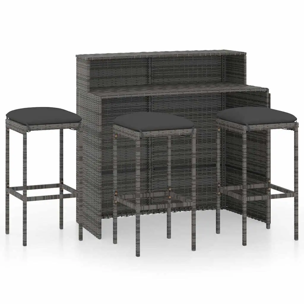 Garden Bar Set Grey 4 Piece Outdoor Patio Furniture with Cushions PE Rattan and Powder Coated Steel Frame