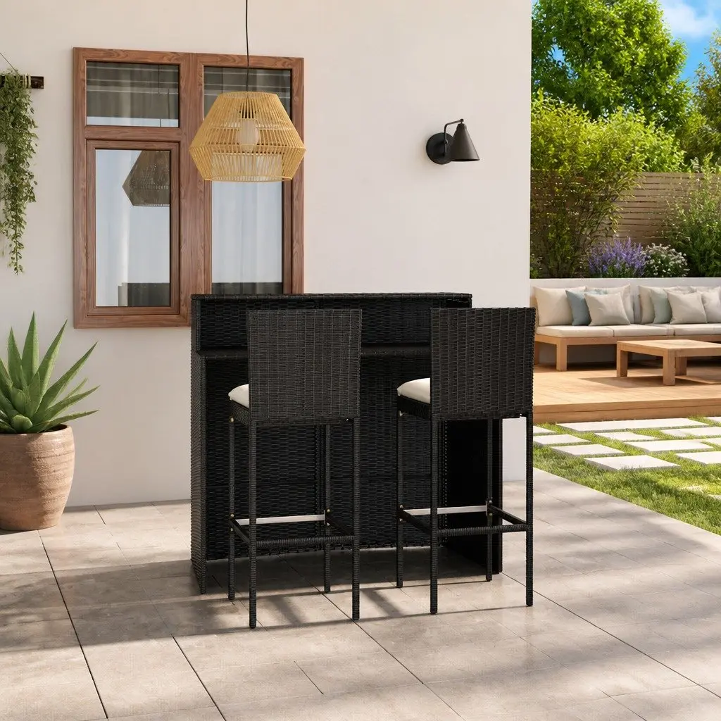 Garden Bar Set Black 3 Piece Outdoor Furniture with Cushions Weather Resistant PE Rattan Powder Coated Steel Frame