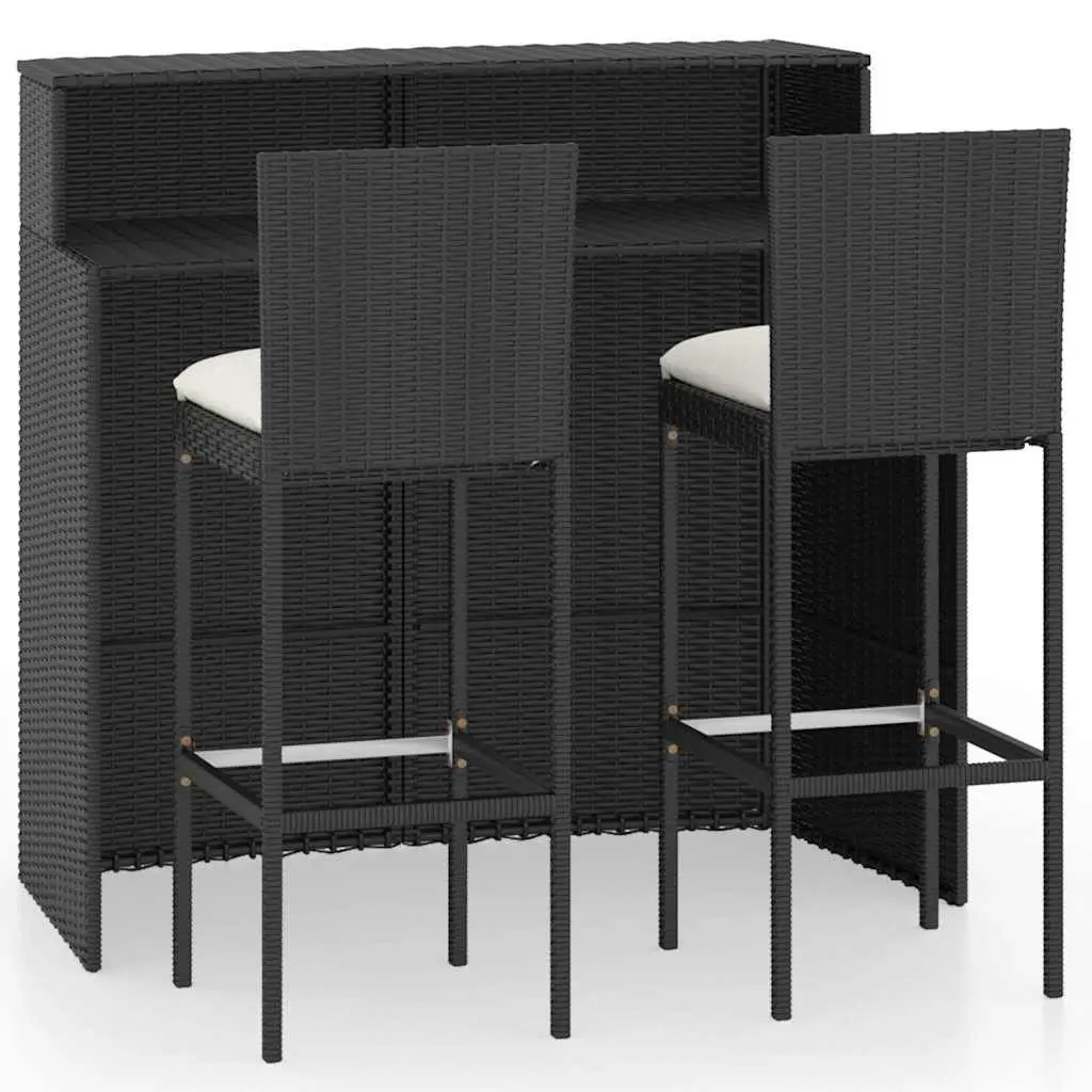 Garden Bar Set Black 3 Piece Outdoor Furniture with Cushions Weather Resistant PE Rattan Powder Coated Steel Frame