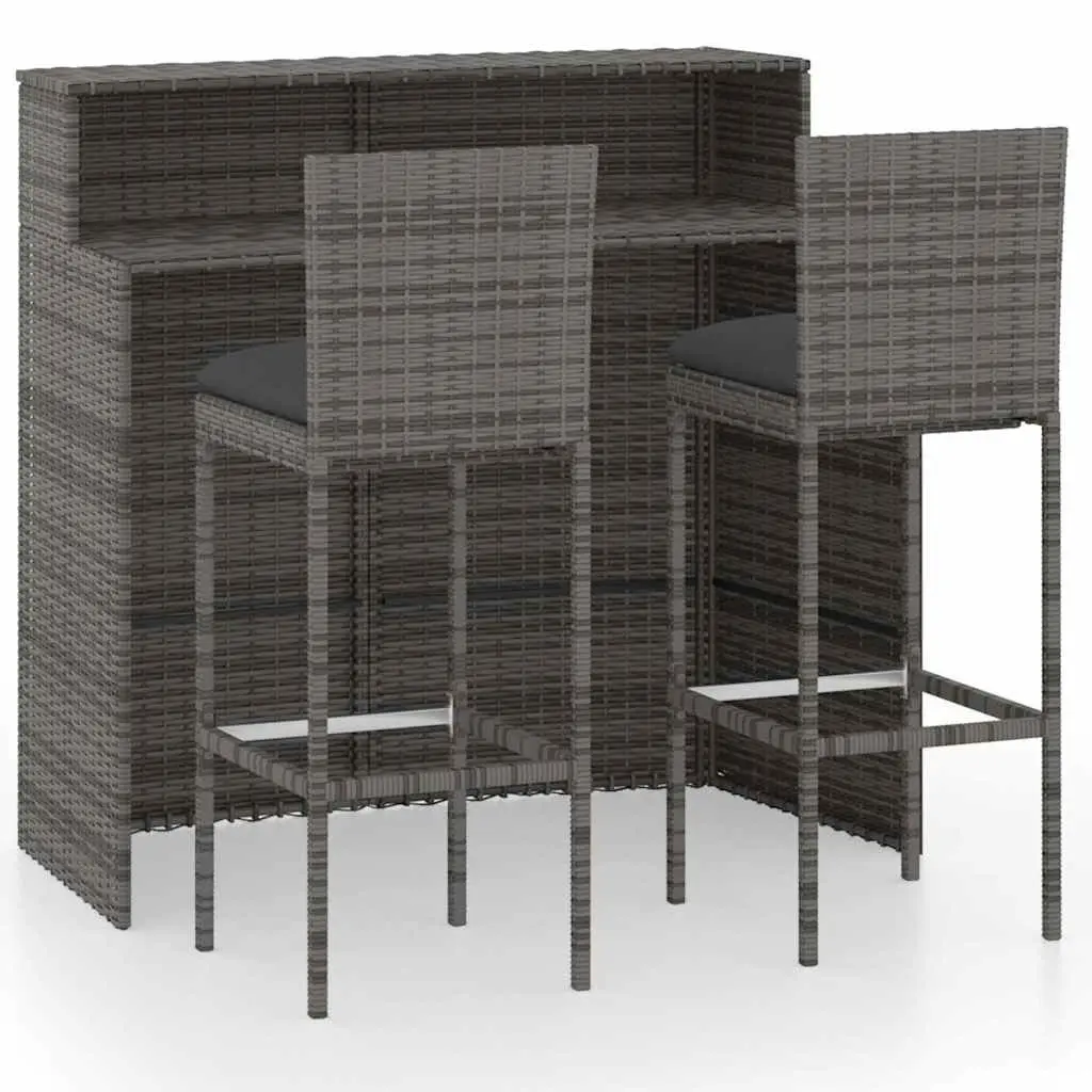 3 Piece Garden Bar Set Grey Rattan Outdoor Patio Furniture with Cushions