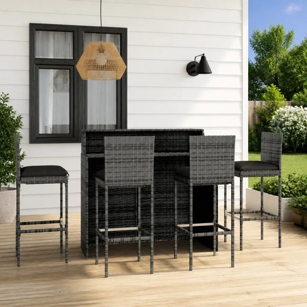 5 Piece Grey Rattan Outdoor Bar Set with Cushions Lightweight Weather-Resistant Patio Furniture