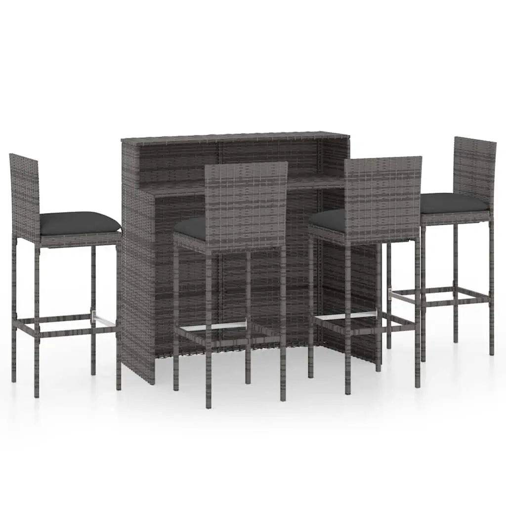 5 Piece Grey Rattan Outdoor Bar Set with Cushions Lightweight Weather-Resistant Patio Furniture