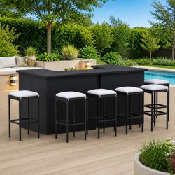 Garden Bar Set 8 Piece Outdoor Patio Furniture with Cushions Black Rattan