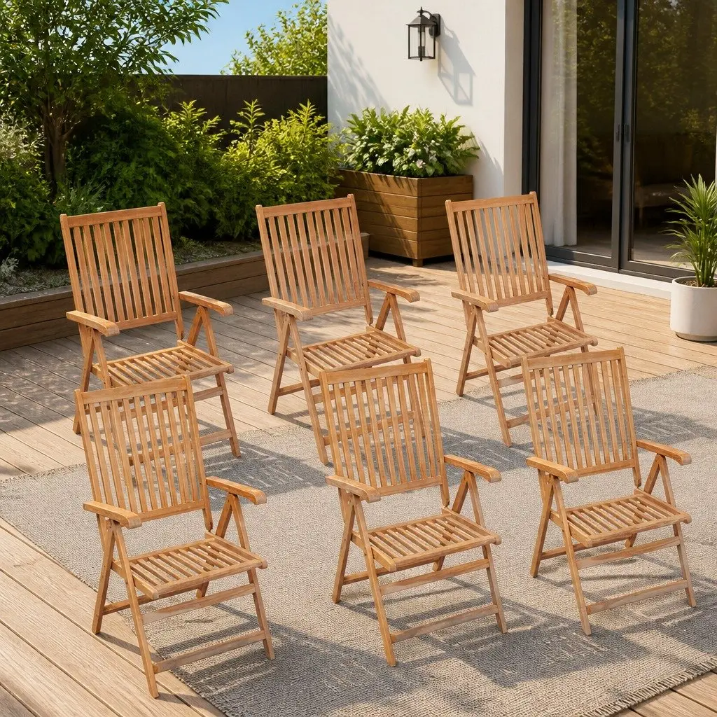 Reclining Garden Chairs Brown 6 Piece Folding Wooden Seating Set Outdoor Furniture