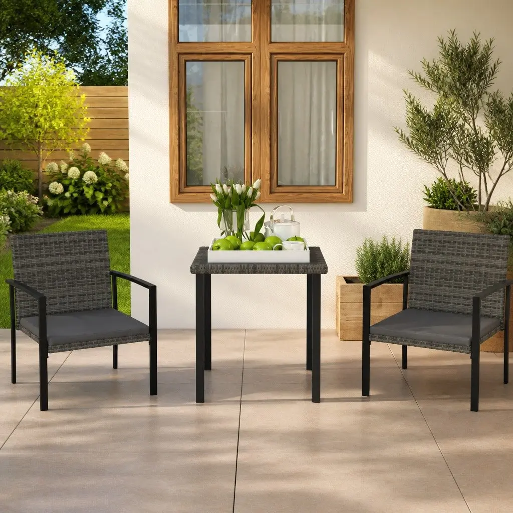 Garden Dining Set Grey 3 Piece Outdoor Furniture Table Chairs Rattan