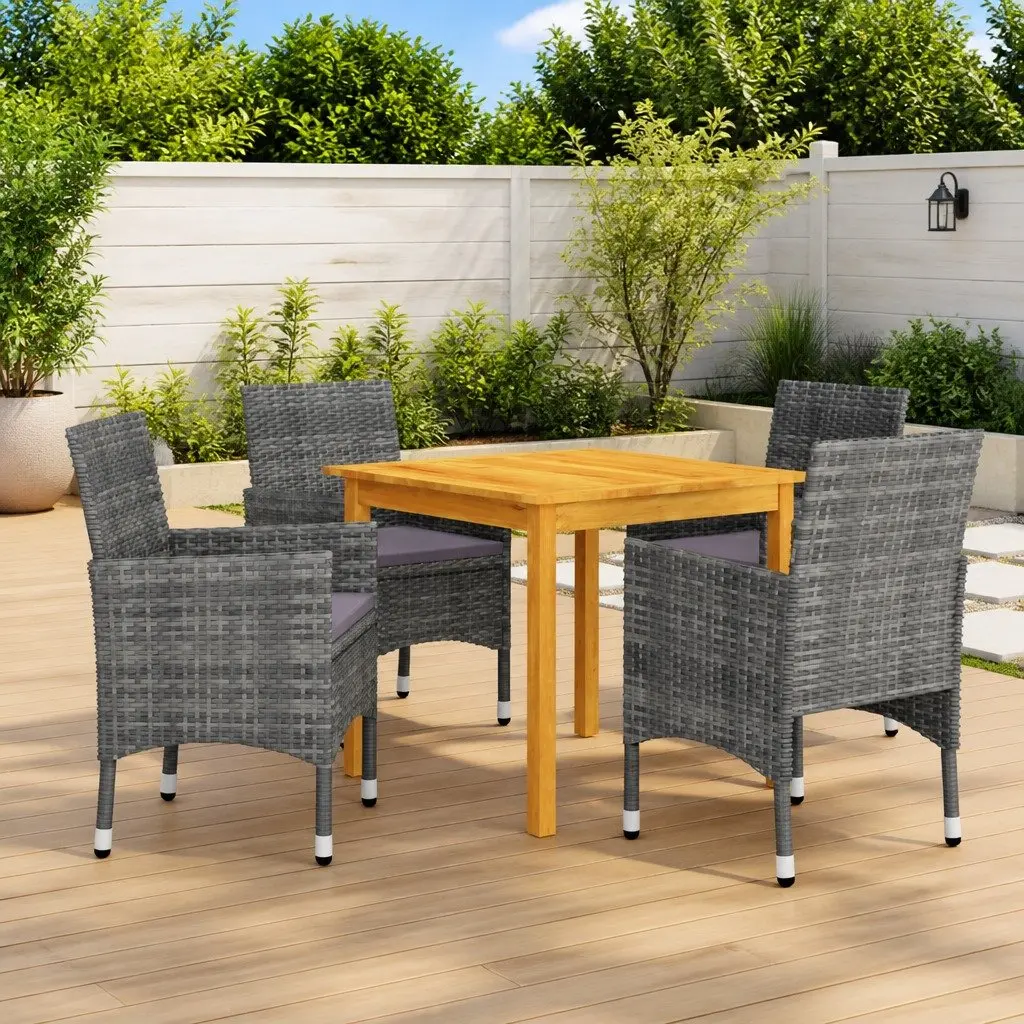 Grey Acacia Wood Table 5 Piece Garden Dining Set with Rattan Chairs and Cushions for Outdoor Use