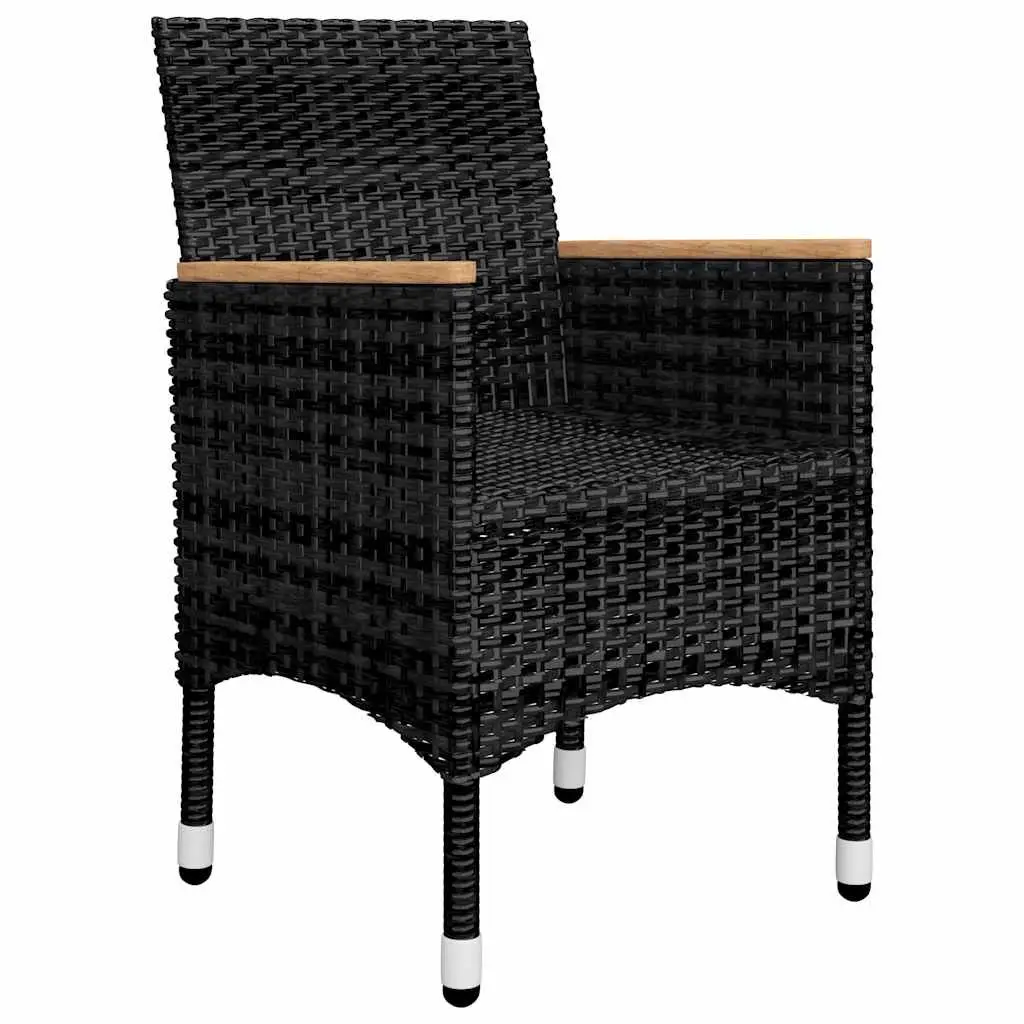 5 Piece Black Outdoor Dining Set with Acacia Wood Table and Ergonomic Rattan Chairs