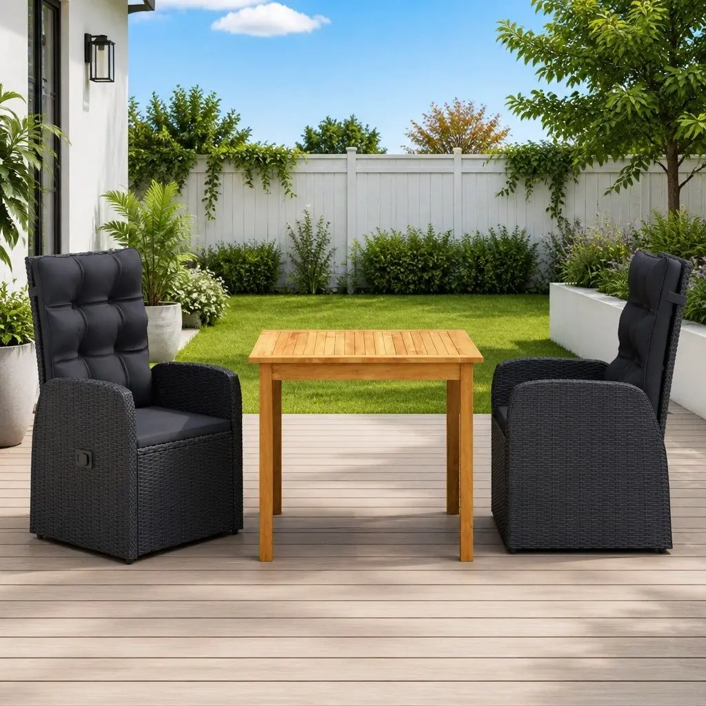 Garden Dining Set 3 Piece Outdoor Furniture Table Chairs Black Reclining