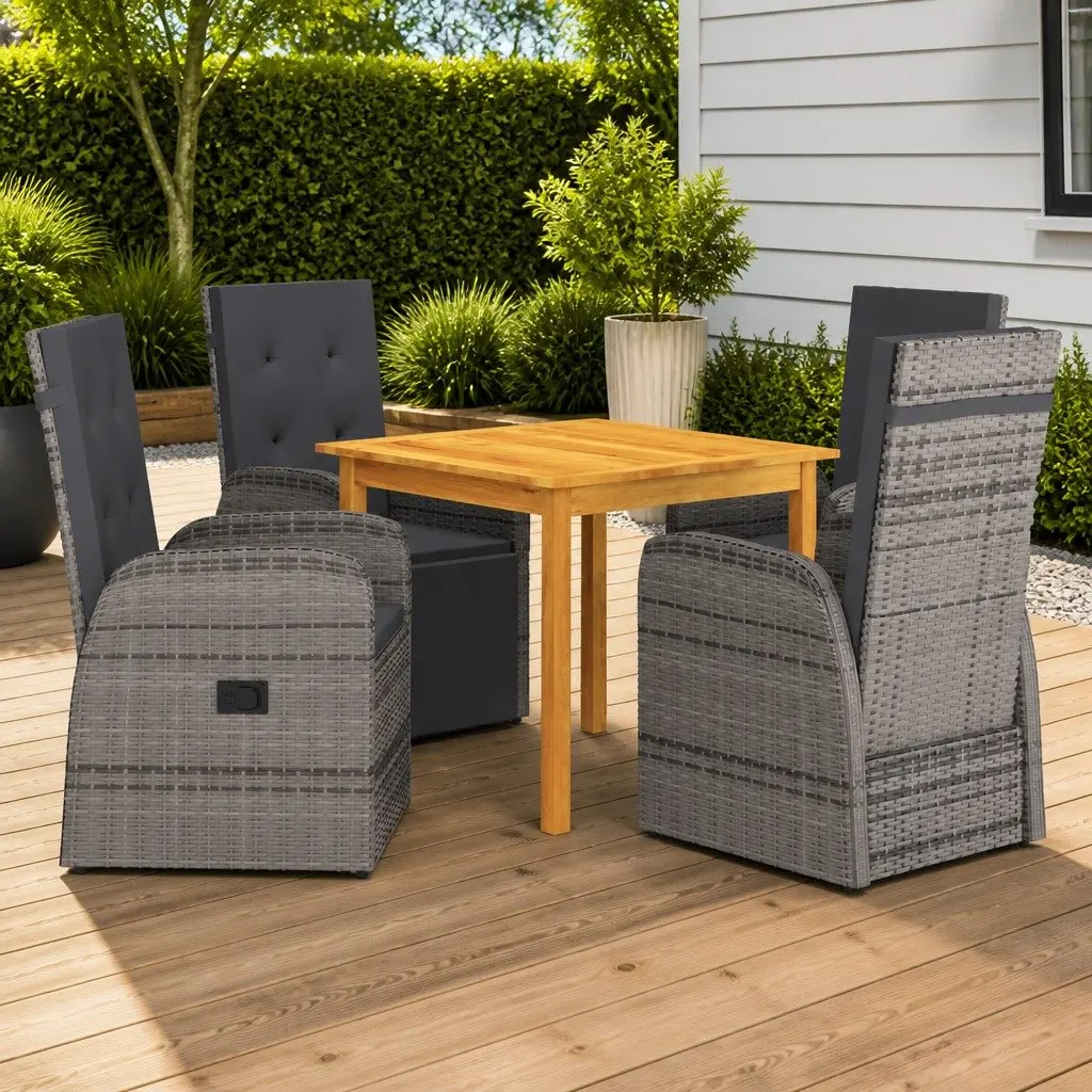 5 Piece Outdoor Dining Set Acacia Wood Table Rattan Chairs Grey Adjustable Backrest