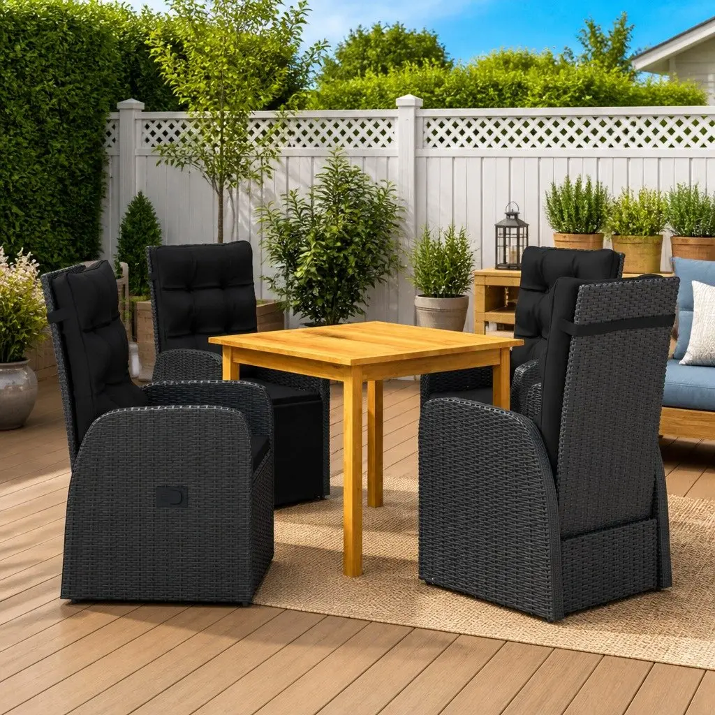 5 Piece Garden Dining Set Black Outdoor Furniture Adjustable Backrest Rattan