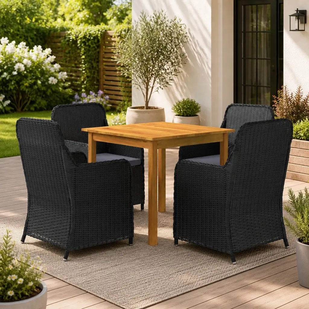 5 Piece Garden Dining Set Black Solid Acacia Wood Table Powder-coated Steel Frame Chairs with Cushions