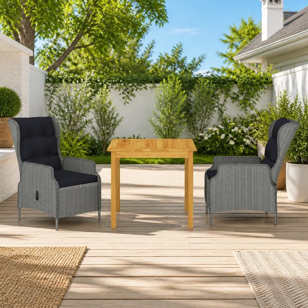 Garden Dining Set 3 Piece Outdoor Table Chairs Grey Patio Furniture