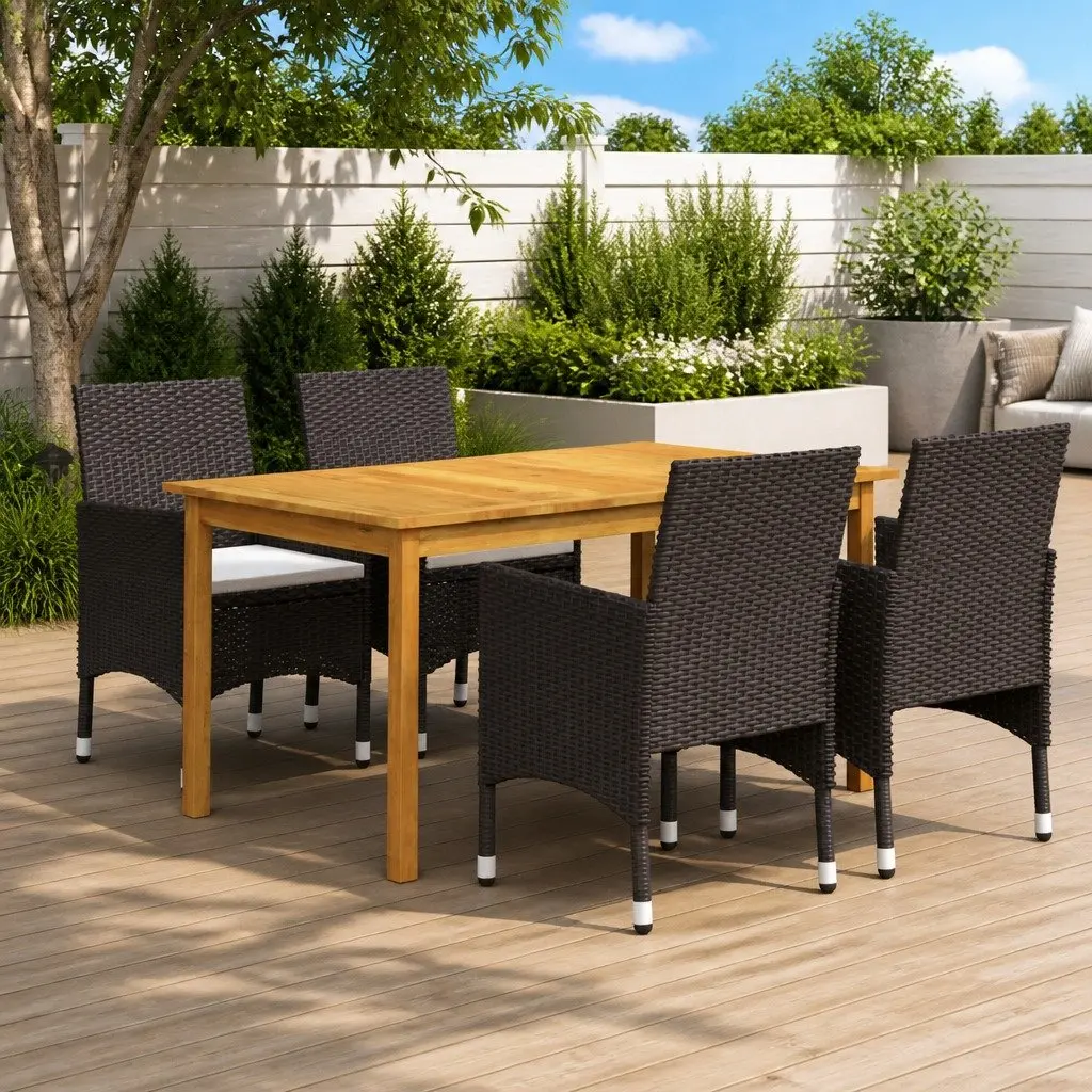 5 Piece Outdoor Dining Set with Cushions Brown Ergonomic Comfort Durable Acacia Wood Table and Steel Frame