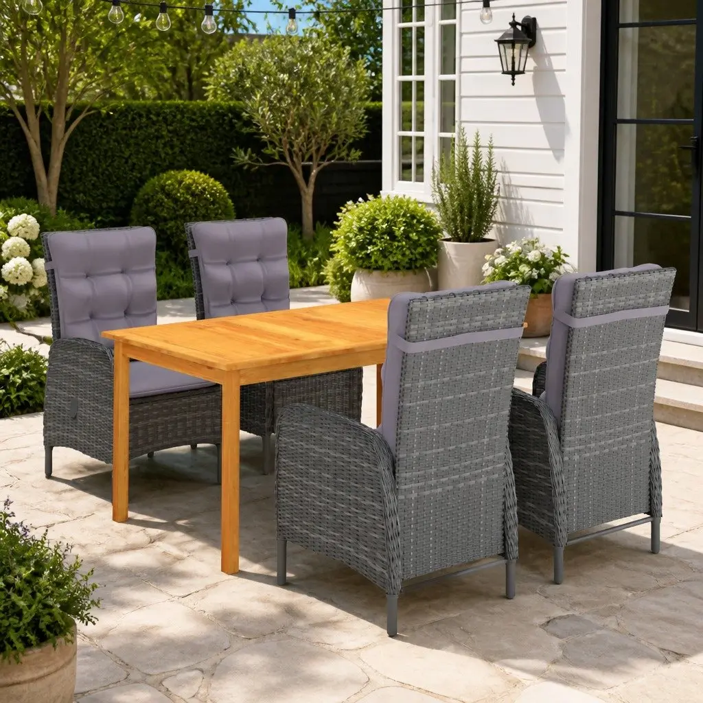 5 Piece Garden Dining Set Grey Acacia Wood Table Weather Resistant Chairs PE Rattan