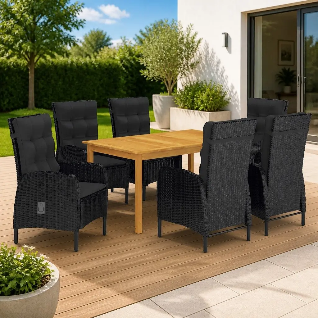 Garden Dining Set 7 Piece Outdoor Table Chairs Black Acacia Wood Rattan