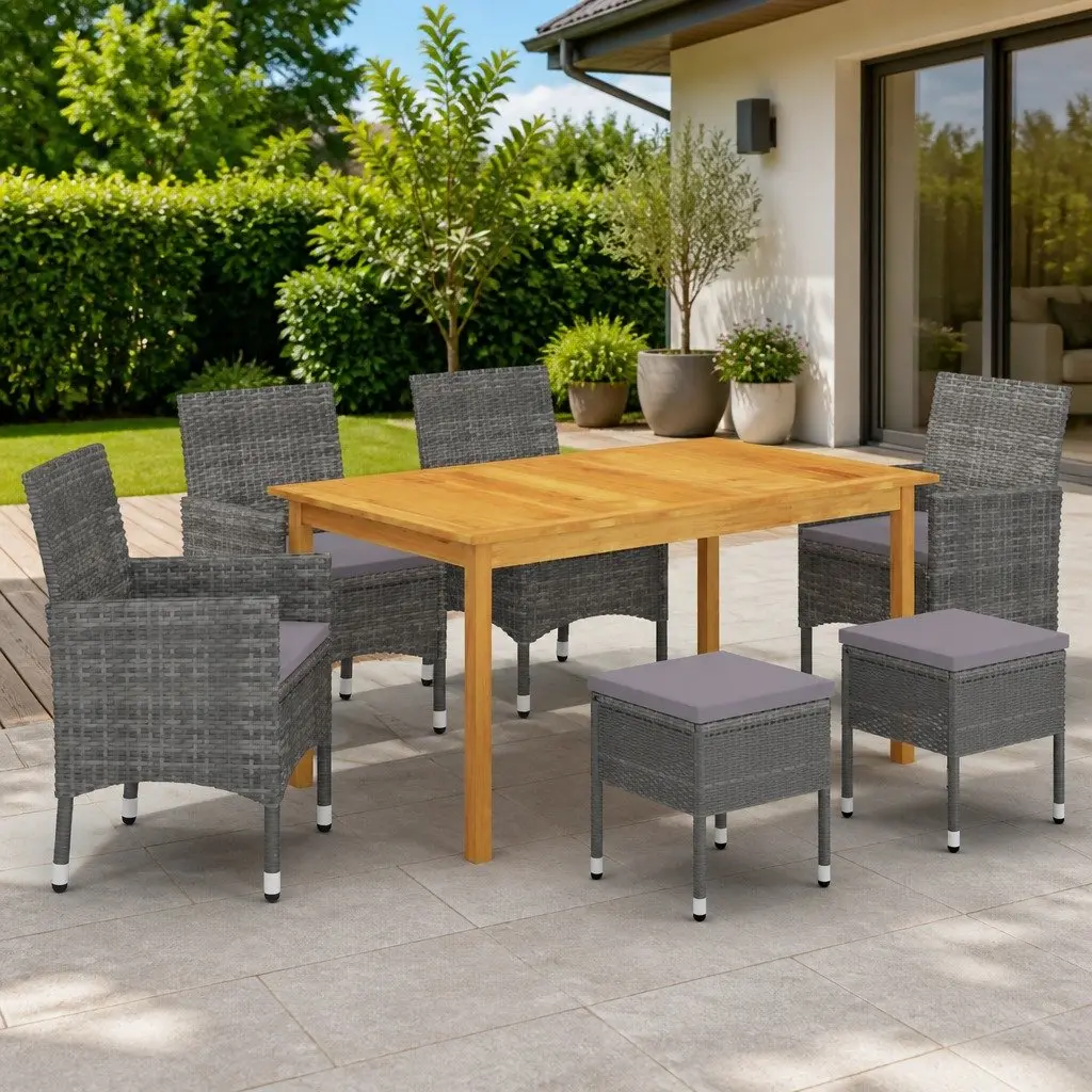Garden Dining Set Grey 7 Piece Outdoor Furniture Table Chairs Stools