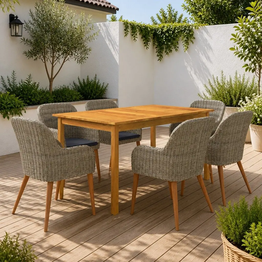 7 Piece Garden Dining Set Outdoor Furniture Brown Acacia Wood Steel Frame