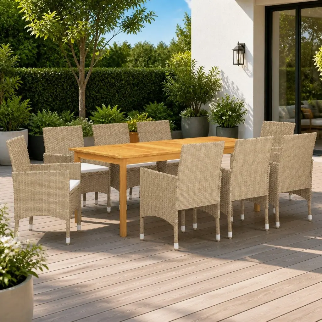 Garden Dining Set Beige 9 Piece Outdoor Table Chairs Rattan Patio Furniture