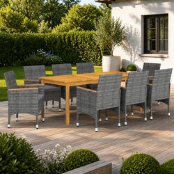 Garden Dining Set 9 Piece Outdoor Furniture Table Chairs Grey Acacia Wood Rattan