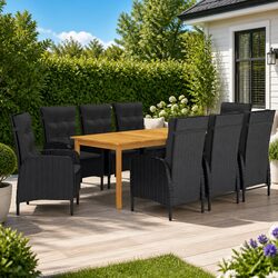 Garden Dining Set 9 Piece Outdoor Table Chairs Black Acacia Wood Steel Frame